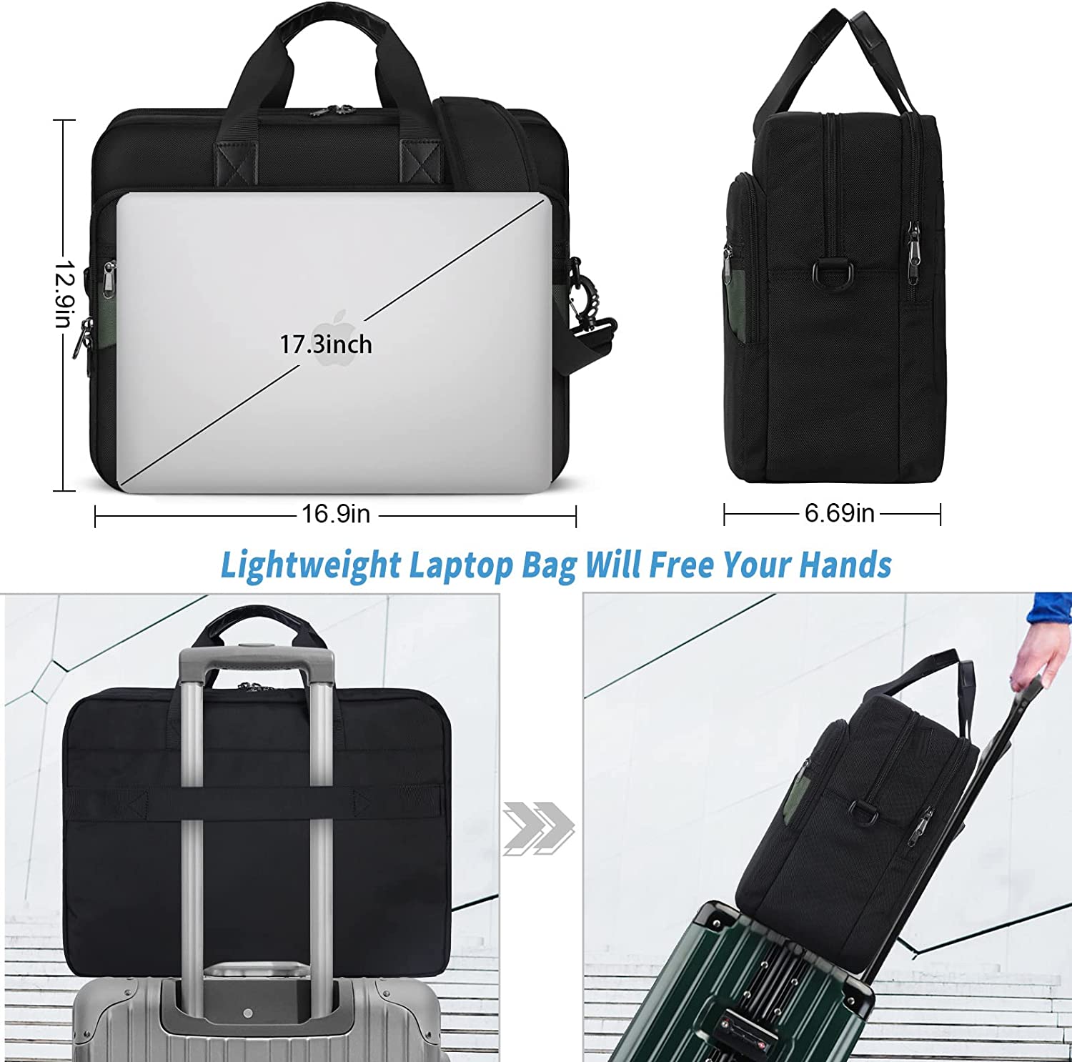 Laptop Bag 17.3 Inch Laptop Briefcase Large Laptop Case Waterproof Business Computer Bag Adjustable Shoulder Messenger Bag for Men Women, Black - Image 3